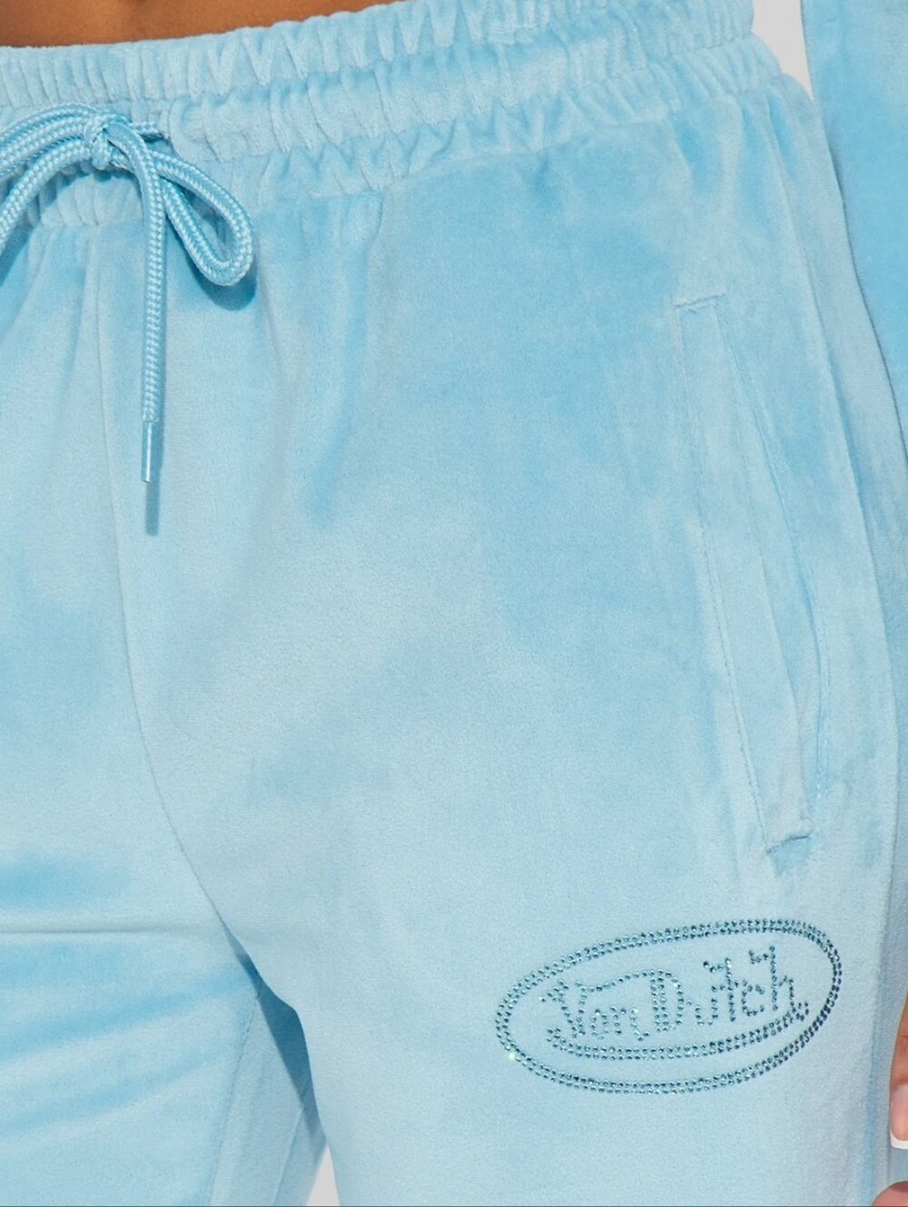 Von Dutch Women’s Blue Velour Rhinestone Logo Y2K Retro Wide Leg Sweatpants Sz L - Picture 2 of 16